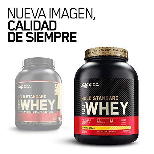 Optimum Nutrition ON Gold Standard 100% Whey Proteína en Polvo Suplementos Deportivos, Glutamina y Aminoacidos, BCAA, Crema de Plátano, 76 Porciones, 2.28kg, Embalaje Puede Variar