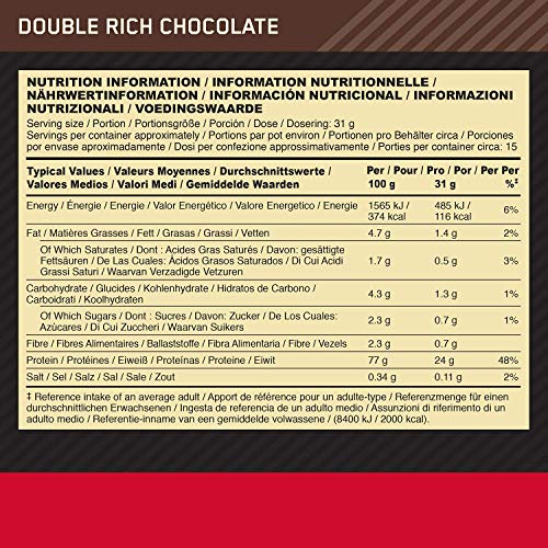Optimum Nutrition ON Gold Standard 100% Whey Proteína en Polvo Suplementos Deportivos, Glutamina y Aminoacidos, BCAA, Double Rich Chocolate, 15 Porciones, 465g, Embalaje Puede Variar