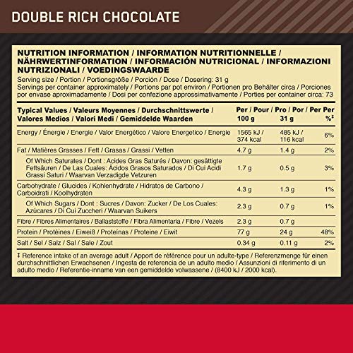 Optimum Nutrition ON Gold Standard 100% Whey Proteína en Polvo Suplementos Deportivos, Glutamina y Aminoacidos, BCAA, Double Rich Chocolate, 73 Porciones, 2.26kg, Embalaje Puede Variar