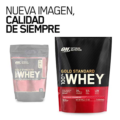Optimum Nutrition ON Gold Standard 100% Whey Proteína en Polvo Suplementos Deportivos, Glutamina y Aminoacidos, BCAA, Fresa Deliciosa, 15 Porciones, 450g, Embalaje Puede Variar Optimum Nutrition ON Gold Standard 100% Whey Proteína en Polvo Suplementos Deportivos, Glutamina y Aminoacidos, BCAA, Fresa Deliciosa, 15 Porciones, 450g, Embalaje Puede Variar