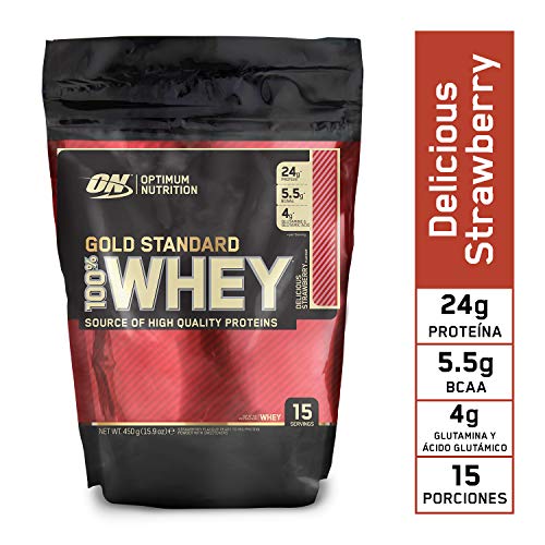 Optimum Nutrition ON Gold Standard 100% Whey Proteína en Polvo Suplementos Deportivos, Glutamina y Aminoacidos, BCAA, Fresa Deliciosa, 15 Porciones, 450g, Embalaje Puede Variar