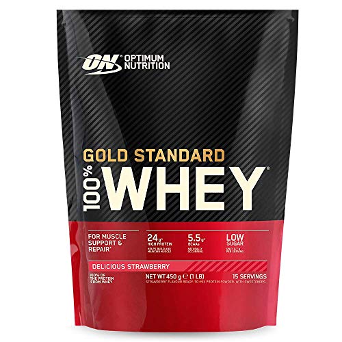 Optimum Nutrition ON Gold Standard 100% Whey Proteína en Polvo Suplementos Deportivos, Glutamina y Aminoacidos, BCAA, Fresa Deliciosa, 15 Porciones, 450g, Embalaje Puede Variar