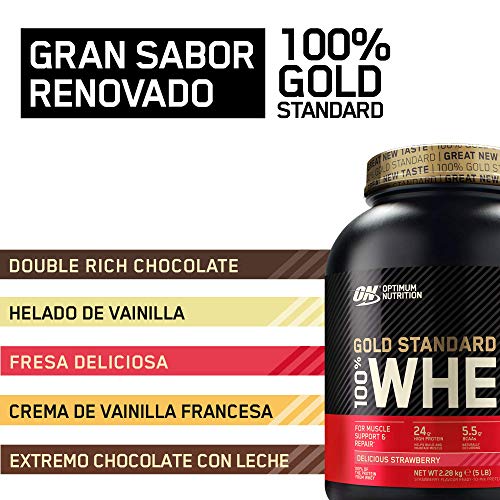 Optimum Nutrition ON Gold Standard 100% Whey Proteína en Polvo Suplementos Deportivos, Glutamina y Aminoacidos, BCAA, Fresa Deliciosa, 76 Porciones, 2.28 kg, Embalaje Puede Variar