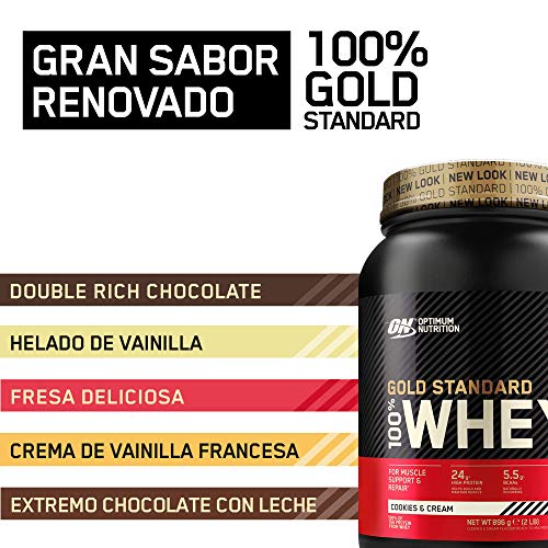 Optimum Nutrition ON Gold Standard 100% Whey Proteína en Polvo Suplementos Deportivos, Glutamina y Aminoacidos, BCAA, Galletas y Crema, 28 Porciones, 900 g, Embalaje Puede Variar