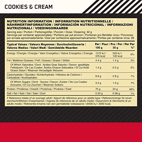 Optimum Nutrition ON Gold Standard 100% Whey Proteína en Polvo Suplementos Deportivos, Glutamina y Aminoacidos, BCAA, Galletas y Crema, 28 Porciones, 900 g, Embalaje Puede Variar