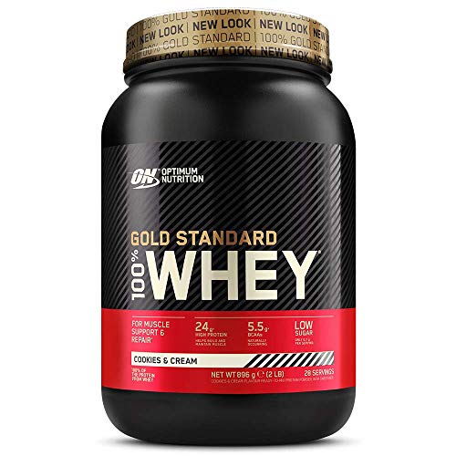 Optimum Nutrition ON Gold Standard 100% Whey Proteína en Polvo Suplementos Deportivos, Glutamina y Aminoacidos, BCAA, Galletas y Crema, 28 Porciones, 900 g, Embalaje Puede Variar