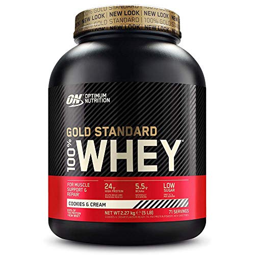 Optimum Nutrition ON Gold Standard 100% Whey Proteína en Polvo Suplementos Deportivos, Glutamina y Aminoacidos, BCAA, Galletas y Crema, 71 Porciones, 2.27kg, Embalaje Puede Variar