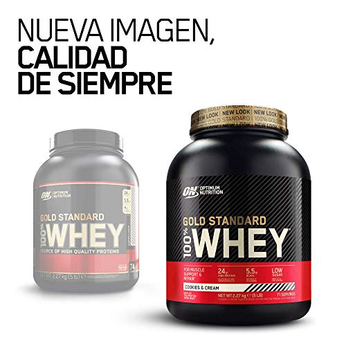 Optimum Nutrition ON Gold Standard 100% Whey Proteína en Polvo Suplementos Deportivos, Glutamina y Aminoacidos, BCAA, Galletas y Crema, 71 Porciones, 2.27kg, Embalaje Puede Variar Optimum Nutrition ON Gold Standard 100% Whey Proteína en Polvo Suplementos Deportivos, Glutamina y Aminoacidos, BCAA, Galletas y Crema, 71 Porciones, 2.27kg, Embalaje Puede Variar