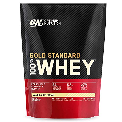 Optimum Nutrition ON Gold Standard 100% Whey Proteína en Polvo Suplementos Deportivos, Glutamina y Aminoacidos, BCAA, Helado de Vainilla, 15 Porciones, 450g, Embalaje Puede Variar