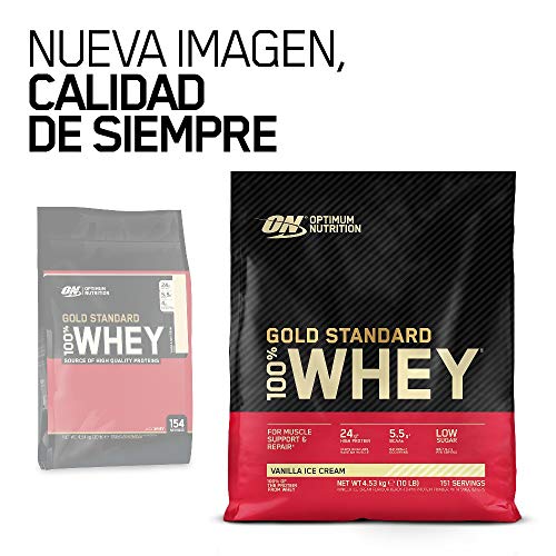 Optimum Nutrition ON Gold Standard 100% Whey Proteína en Polvo Suplementos Deportivos, Glutamina y Aminoacidos, BCAA, Helado de Vainilla, 151 porciones, 4.53 kg, Embalaje puede variar