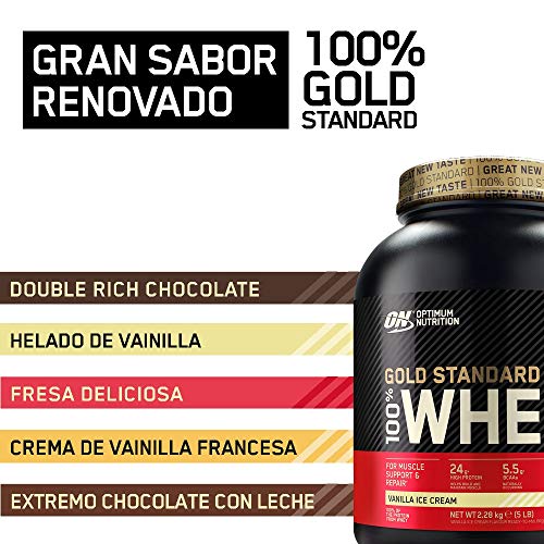 Optimum Nutrition ON Gold Standard 100% Whey Proteína en Polvo Suplementos Deportivos, Glutamina y Aminoacidos, BCAA, Helado de Vainilla, 151 porciones, 4.53 kg, Embalaje puede variar