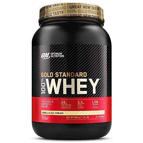 Optimum Nutrition ON Gold Standard 100% Whey Proteína en Polvo Suplementos Deportivos, Glutamina y Aminoácidos, BCAA, Helado de Vainilla, 30 Porciones, 900 g, Embalaje Puede Variar