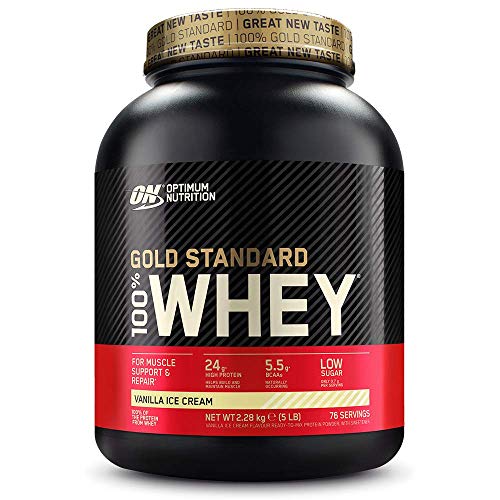 Optimum Nutrition ON Gold Standard 100% Whey Proteína en Polvo Suplementos Deportivos, Glutamina y Aminoacidos, BCAA, Helado de Vainilla, 76 Porciones, 2.28 kg, Embalaje Puede Variar