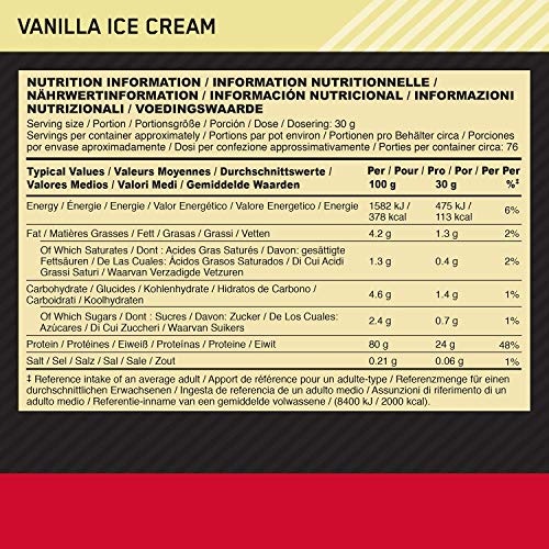 Optimum Nutrition ON Gold Standard 100% Whey Proteína en Polvo Suplementos Deportivos, Glutamina y Aminoacidos, BCAA, Helado de Vainilla, 76 Porciones, 2.28 kg, Embalaje Puede Variar