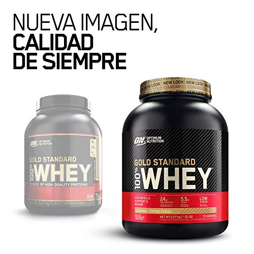 Optimum Nutrition ON Gold Standard 100% Whey Proteína en Polvo Suplementos Deportivos, Glutamina y Aminoacidos, BCAA, Toffee Fudge de Caramelo, 73 Porciones, 2.27kg, Embalaje Puede Variar