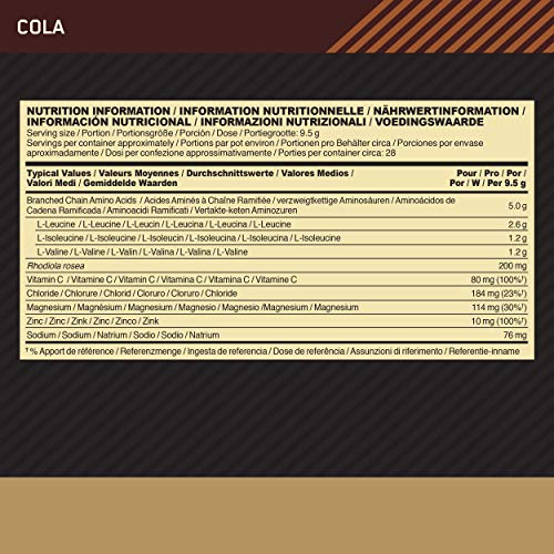 Optimum Nutrition ON Gold Standard BCAA Polvo, Suplementos Deportivos con Aminoacidos, Vitamina C, Zinc, Magnesio y Electrolitos, Cola, 28 Porciones, 266g, Embalaje Puede Variar