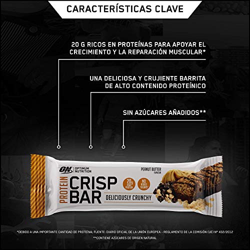 Optimum Nutrition ON Protein Crisp Bar barritas proteínas con whey protein isolate, dulces altas en proteína y low carb, peanut butter, 10 barras (10 x 65 g)