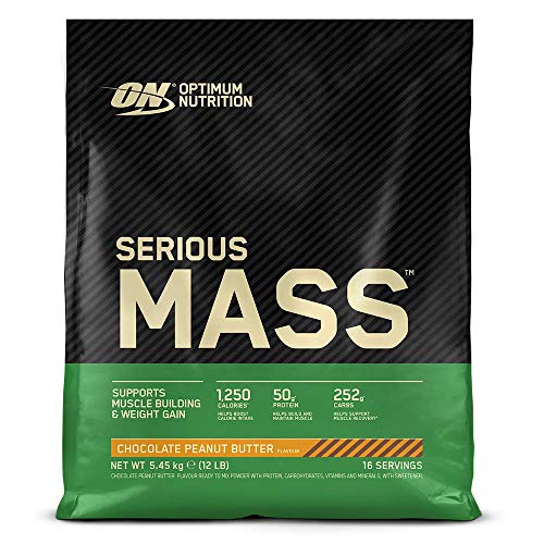 Optimum Nutrition ON Serious Mass Proteina en Polvo Mass Gainer Alto en Proteína, con Vitaminas, Creatina y Glutamina, Chocolate Mantequilla de Cacahuete, 16 Porciones, 5.45kg, Embalaje Puede Variar