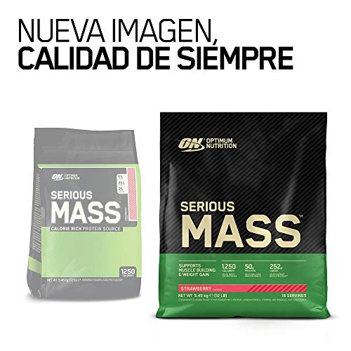 Optimum Nutrition ON Serious Mass Proteina en Polvo Mass Gainer Alto en Proteína, con Vitaminas, Creatina y Glutamina, Fresa, 16 Porciones, 5.45kg, Embalaje Puede Variar