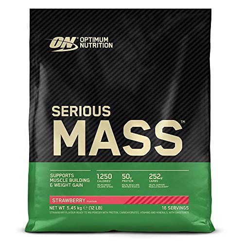 Optimum Nutrition ON Serious Mass Proteina en Polvo Mass Gainer Alto en Proteína, con Vitaminas, Creatina y Glutamina, Fresa, 16 Porciones, 5.45kg, Embalaje Puede Variar