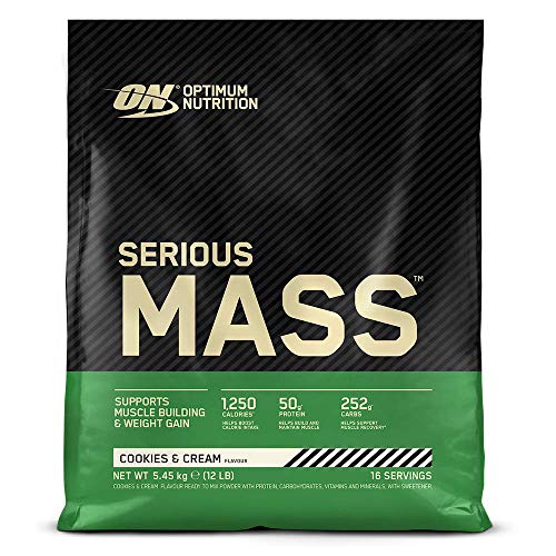 Optimum Nutrition ON Serious Mass Proteina en Polvo Mass Gainer Alto en Proteína, con Vitaminas, Creatina y Glutamina, Galletas y Crema, 16 Porciones, 5.45kg, Embalaje Puede Variar