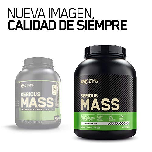 Optimum Nutrition ON Serious Mass Proteina en Polvo Mass Gainer Alto en Proteína, con Vitaminas, Creatina y Glutamina, Galletas y Crema, 8 Porciones, 2.73kg, Embalaje Puede Variar