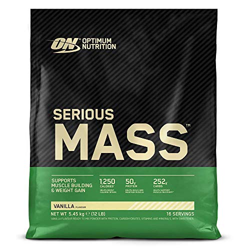 Optimum Nutrition ON Serious Mass Proteina en Polvo Mass Gainer Alto en Proteína, con Vitaminas, Creatina y Glutamina, Vainilla, 16 Porciones, 5.45kg, Embalaje Puede Variar