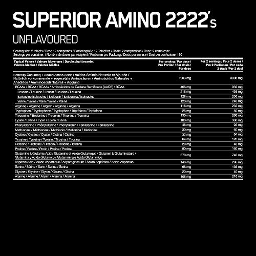 Optimum Nutrition ON Superior Amino 2222, Aminoácidos Esenciales y Ramificados, BCAA, Sin Sabor, 160 Porciones, 320 Capsulas