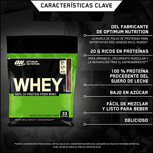 Optimum Nutrition ON Whey Proteina Isolate, Proteinas Whey en Polvo, Proteina de Suero para Masa Muscular y Musculacion, Bajo en Azúcar, Chocolate, 33 Porciones, 891g