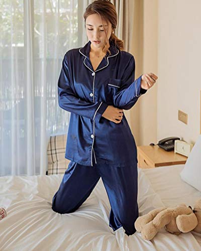 ORANDESIGNE Pijama de Seda de Dos Piezas para Las Mujeres, Camisón de Manga Larga Tops + Pantalones Largos, Homewear Regalo A Azul ES 38