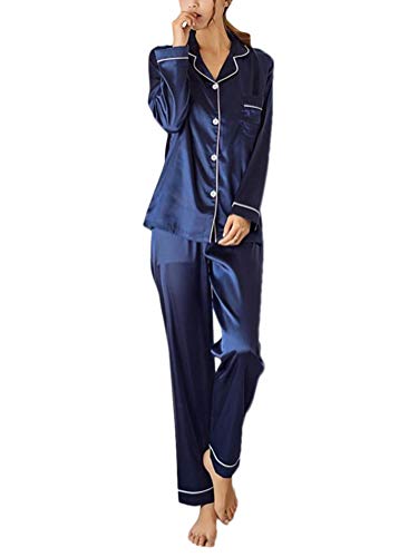 ORANDESIGNE Pijama de Seda de Dos Piezas para Las Mujeres, Camisón de Manga Larga Tops + Pantalones Largos, Homewear Regalo A Azul ES 38