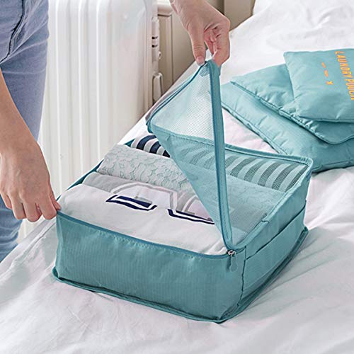 Organizador de Equipaje 7 en 1 Set Organizador de Maletas Impermeable Viaje con Bolsa de Zapato, Material Nylon-Meowoo(Lago Azul)