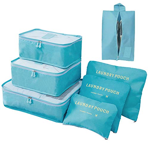 Organizador de Equipaje 7 en 1 Set Organizador de Maletas Impermeable Viaje con Bolsa de Zapato, Material Nylon-Meowoo(Lago Azul)