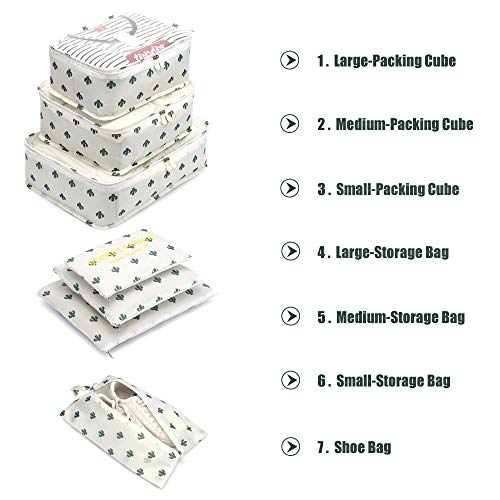 Organizador de Equipaje,LOSMILE 7 en 1 Set Impermeable Organizadores de Viaje para Maletas,3 Cubos de Embalaje +3 Bolsas de Almacenamiento+1 Saco de Zapatos.(Blanco-Cactus) Organizador de Equipaje,LOSMILE 7 en 1 Set Impermeable Organizadores de Viaje para Maletas,3 Cubos de Embalaje +3 Bolsas de Almacenamiento+1 Saco de Zapatos.(Blanco-Cactus)