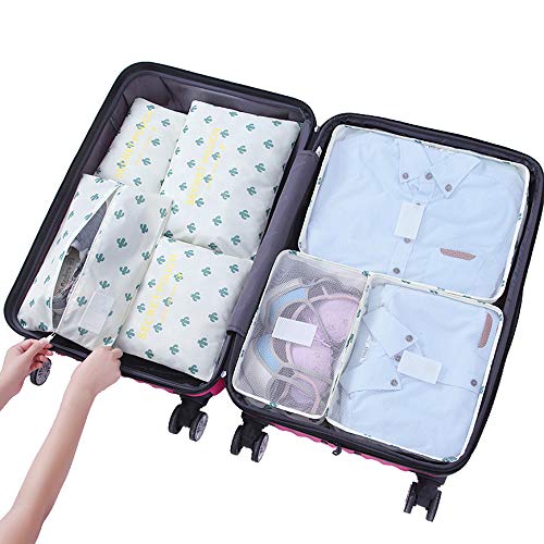 Organizador de Equipaje，LOSMILE 7 en 1 Set Impermeable Organizadores de Viaje para Maletas，3 Cubos de Embalaje +3 Bolsas de Almacenamiento+1 Saco de Zapatos.(Blanco-Cactus)