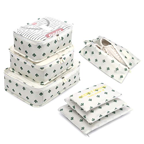 Organizador de Equipaje,LOSMILE 7 en 1 Set Impermeable Organizadores de Viaje para Maletas,3 Cubos de Embalaje +3 Bolsas de Almacenamiento+1 Saco de Zapatos.(Blanco-Cactus) Organizador de Equipaje,LOSMILE 7 en 1 Set Impermeable Organizadores de Viaje para Maletas,3 Cubos de Embalaje +3 Bolsas de Almacenamiento+1 Saco de Zapatos.(Blanco-Cactus)