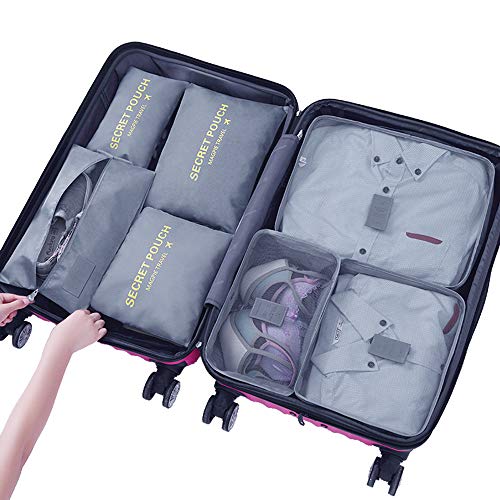 Organizador de Equipaje，LOSMILE 7 en 1 Set Impermeable Organizadores de Viaje para Maletas，3 Cubos de Embalaje +3 Bolsas de Almacenamiento+1 Saco de Zapatos.(Gris)