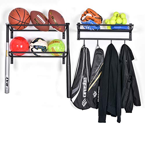 Organizador de equipo de almacenamiento ajustable de 3 niveles para colgar en la pared, organizador de equipo con gancho para baloncesto, fútbol, voleibol, ejercicio, pelota medicinal, color negro