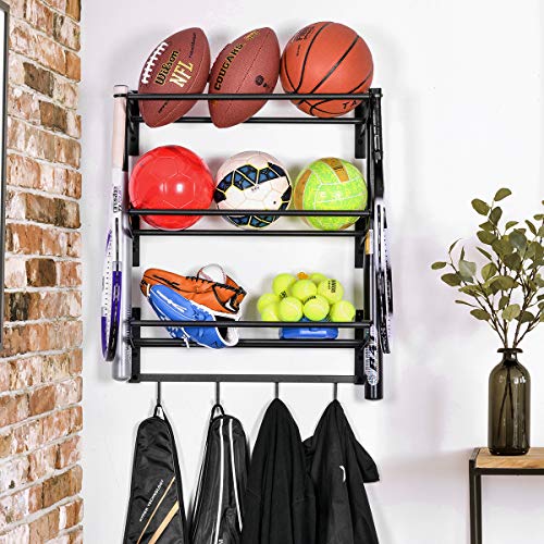 Organizador de equipo de almacenamiento ajustable de 3 niveles para colgar en la pared, organizador de equipo con gancho para baloncesto, fútbol, voleibol, ejercicio, pelota medicinal, color negro