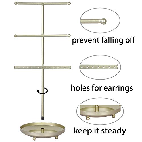 OROPY Soporte de joyería 3 Niveles, Organizador de Joyería Colgante de Metal con Base de Bandeja, Porta Joyas para Guardar Pendientes, Collares, Pulseras, Anillos y Relojes, Dorado