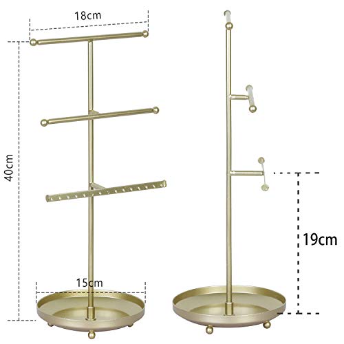 OROPY Soporte de joyería 3 Niveles, Organizador de Joyería Colgante de Metal con Base de Bandeja, Porta Joyas para Guardar Pendientes, Collares, Pulseras, Anillos y Relojes, Dorado