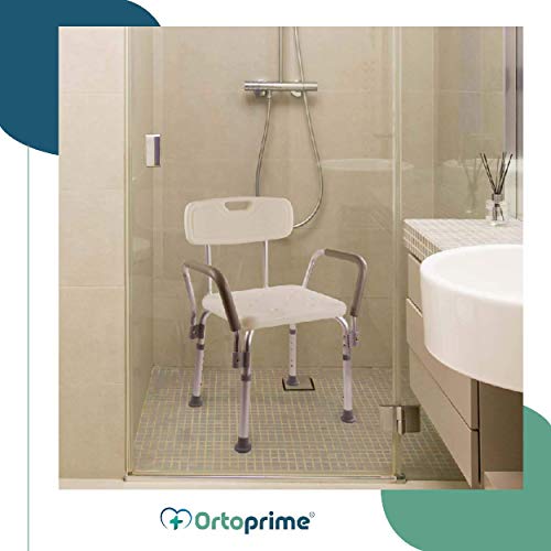 OrtoPrime Silla Ducha con Respaldo Extraible - Taburete Baño Ortopédico Adultos y Niños - Reposabrazos Acolchados - Regulable 8 Alturas - Asiento de Aseo Cómodo y Seguro