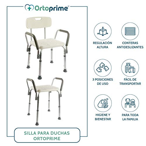 OrtoPrime Silla Ducha con Respaldo Extraible - Taburete Baño Ortopédico Adultos y Niños - Reposabrazos Acolchados - Regulable 8 Alturas - Asiento de Aseo Cómodo y Seguro OrtoPrime Silla Ducha con Respaldo Extraible - Taburete Baño Ortopédico Adultos y Niños - Reposabrazos Acolchados - Regulable 8 Alturas - Asiento de Aseo Cómodo y Seguro