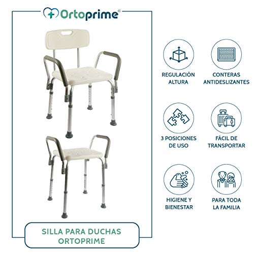 OrtoPrime Silla Ducha con Respaldo Extraible - Taburete Baño Ortopédico Adultos y Niños - Reposabrazos Acolchados - Regulable 8 Alturas - Asiento de Aseo Cómodo y Seguro