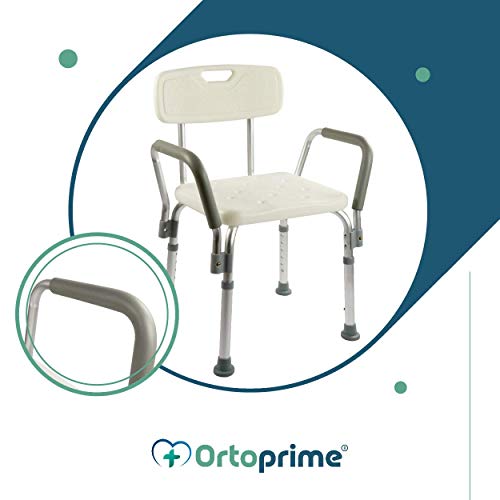 OrtoPrime Silla Ducha con Respaldo Extraible - Taburete Baño Ortopédico Adultos y Niños - Reposabrazos Acolchados - Regulable 8 Alturas - Asiento de Aseo Cómodo y Seguro