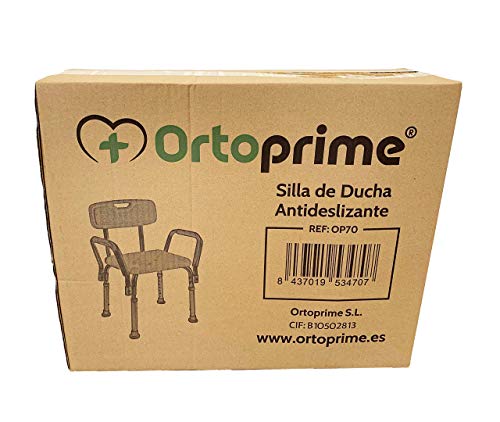 OrtoPrime Silla Ducha con Respaldo Extraible - Taburete Baño Ortopédico Adultos y Niños - Reposabrazos Acolchados - Regulable 8 Alturas - Asiento de Aseo Cómodo y Seguro