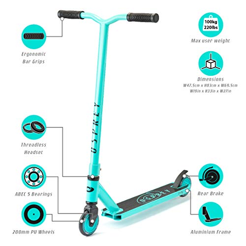 Osprey Patinete Stunt para niños, Adultos, niños y niñas, patín avanzado con rodamientos ABEC 5 y Auriculares HIC, RT-1440, Color Verde Azulado Osprey Patinete Stunt para niños, Adultos, niños y niñas, patín avanzado con rodamientos ABEC 5 y Auriculares HIC, RT-1440, Color Verde Azulado