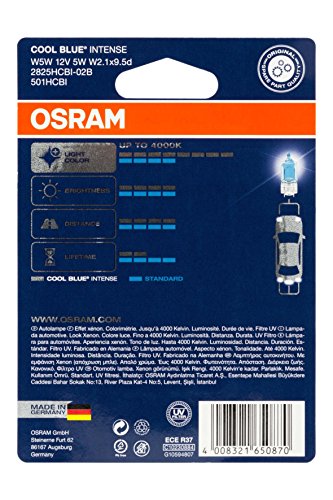 Osram 2825HCBI-02B Lámpara halógena Cool Blue Intense W5W, Luz de Posición y de Matrícula,12 V, Ampolla Doble Osram 2825HCBI-02B Lámpara halógena Cool Blue Intense W5W, Luz de Posición y de Matrícula,12 V, Ampolla Doble