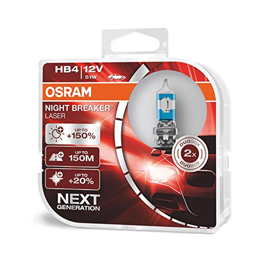 OSRAM NIGHT BREAKER LASER HB4, Gen 2, +150% más luz, bombillas HB4 para faros delanteros, 9006NL,-HCB, 12V, duo box (2 lámparas)