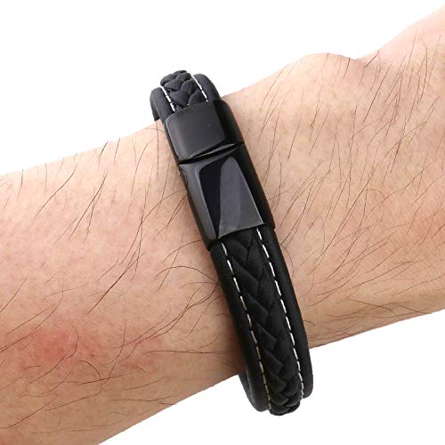 OTOTEC Pulsera de cuero para hombre, color negro, clásico, de acero inoxidable, con cierre magnético, para hombres y mujeres OTOTEC Pulsera de cuero para hombre, color negro, clásico, de acero inoxidable, con cierre magnético, para hombres y mujeres